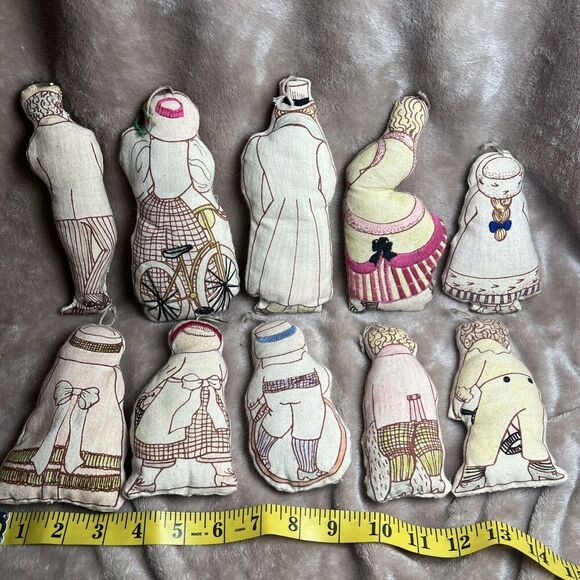 Ten Vtg Fabric Stuffed Victorian Ornaments Couple Plush Christmas Tree Handmade - Picture 3 of 4
